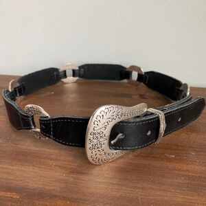 Womens Black Leather Western Belt Silver Etched Buckle Concho Links Size Small